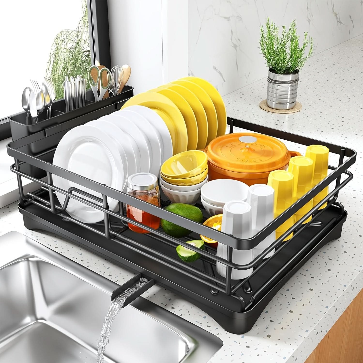 Stylish Dish Drying Rack with Utensil Holder in Black
