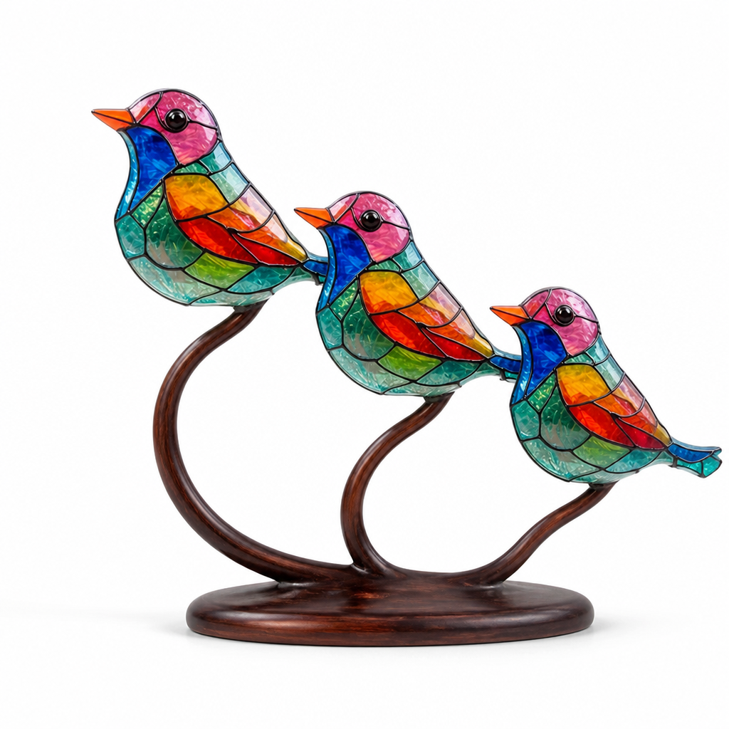 Handmade Colored Glass Bird Figurines (Set of 3 With Display Stand)