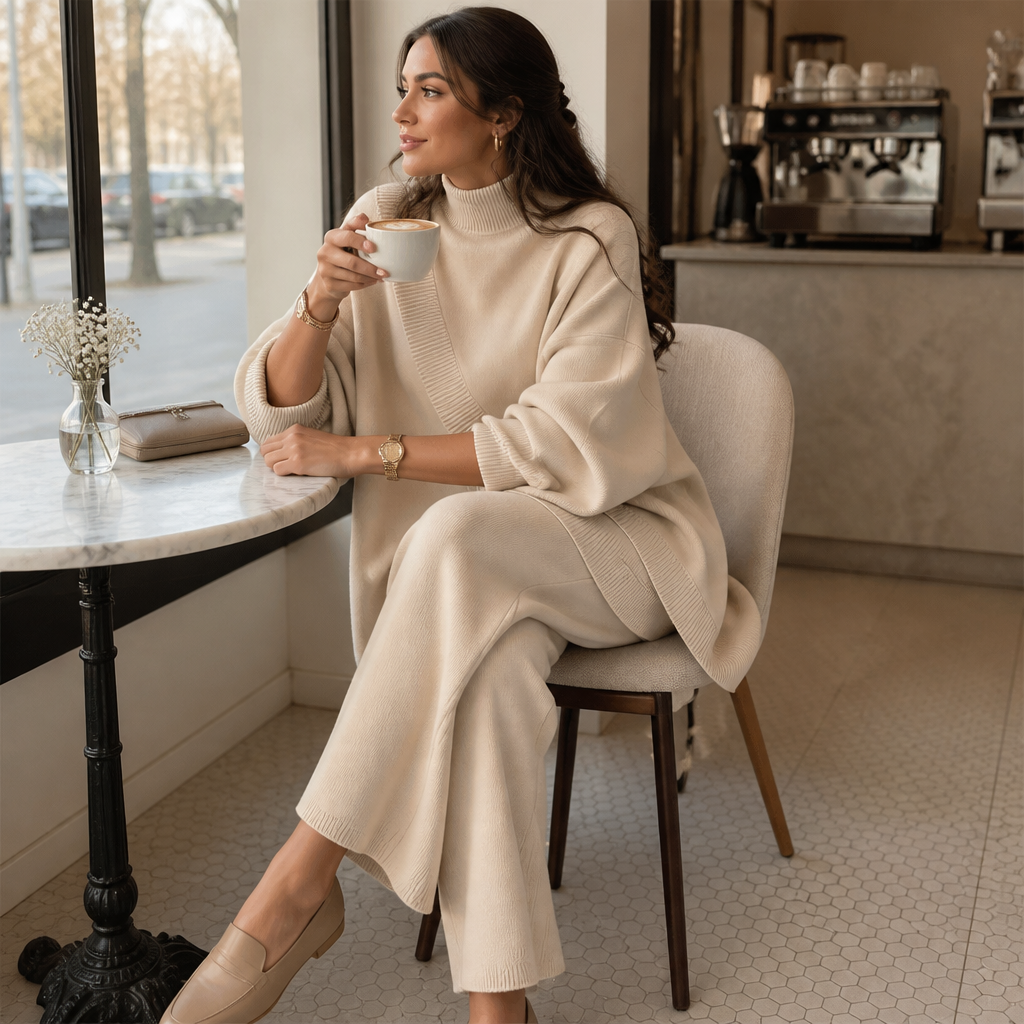 CelestiaKnit™ – Large Asymmetric Knit Ensemble Featuring Wide-Leg Trousers