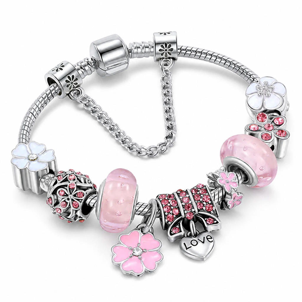 Stainless Steel Adjustable Fit Peach Blossom Charm Bracelet