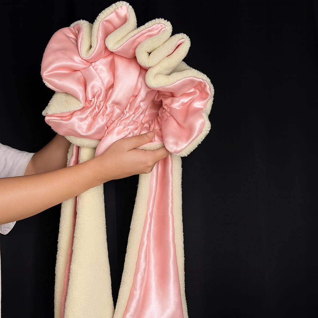 Satin-Lined Hair Protection Hat with Plush Rabbit Ears