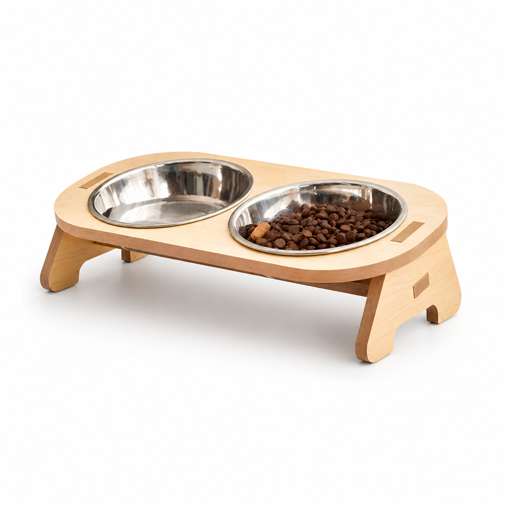 Elevated Hardwood Double Pet Bowl (Removable Stainless Steel Bowls)