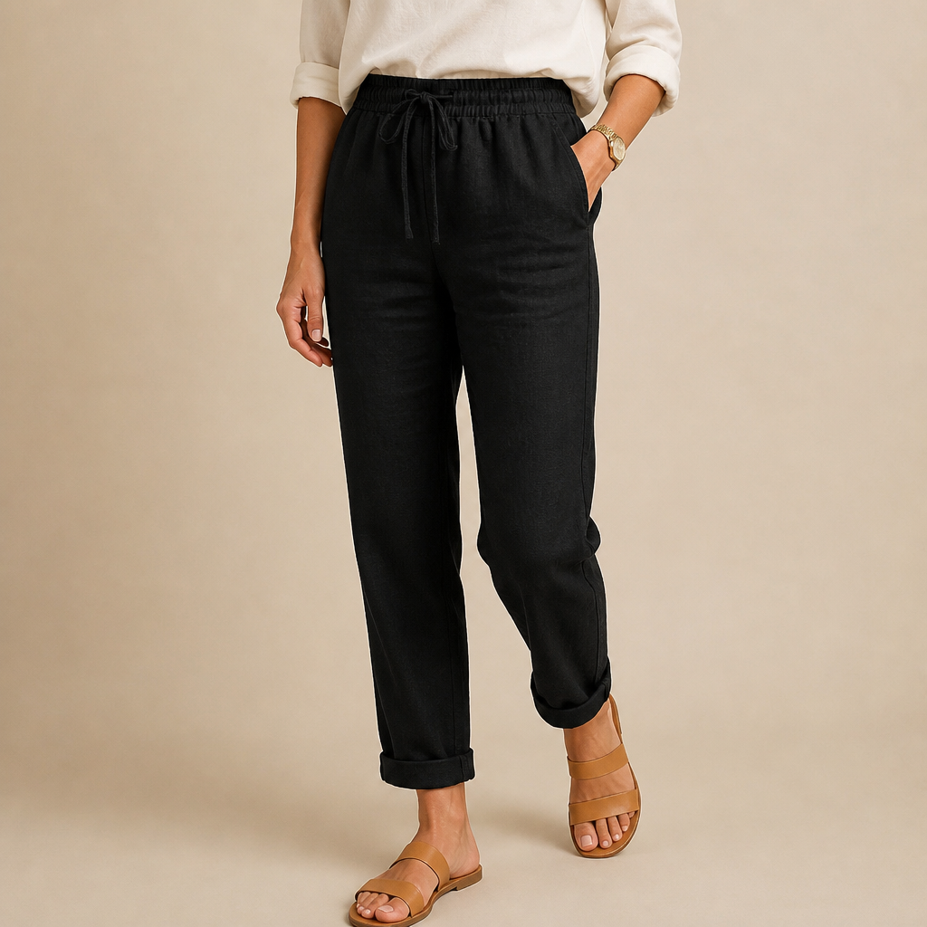 Flexiva™ – Comfortable Cotton-Linen Tapered Pants with Adjustable Drawstring Waist