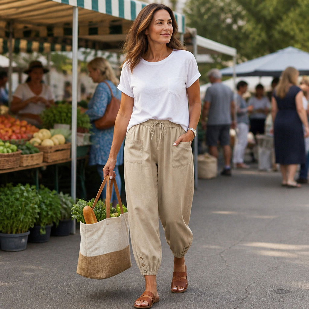 LunaEase™ – Cropped Soft Cotton-Linen Pants with Buttoned Cuffs