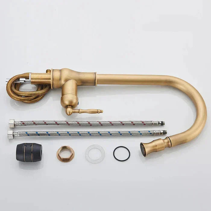 Antique Brass Kitchen Faucet | Swivel Spout | Single Handle Control