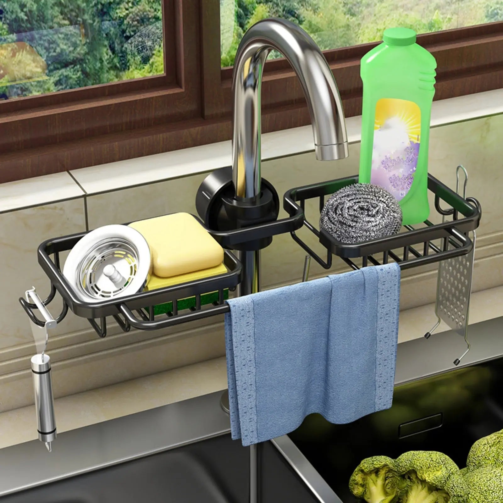 All-in-One Kitchen Faucet Organizer for Sponge, Brush, and Towels