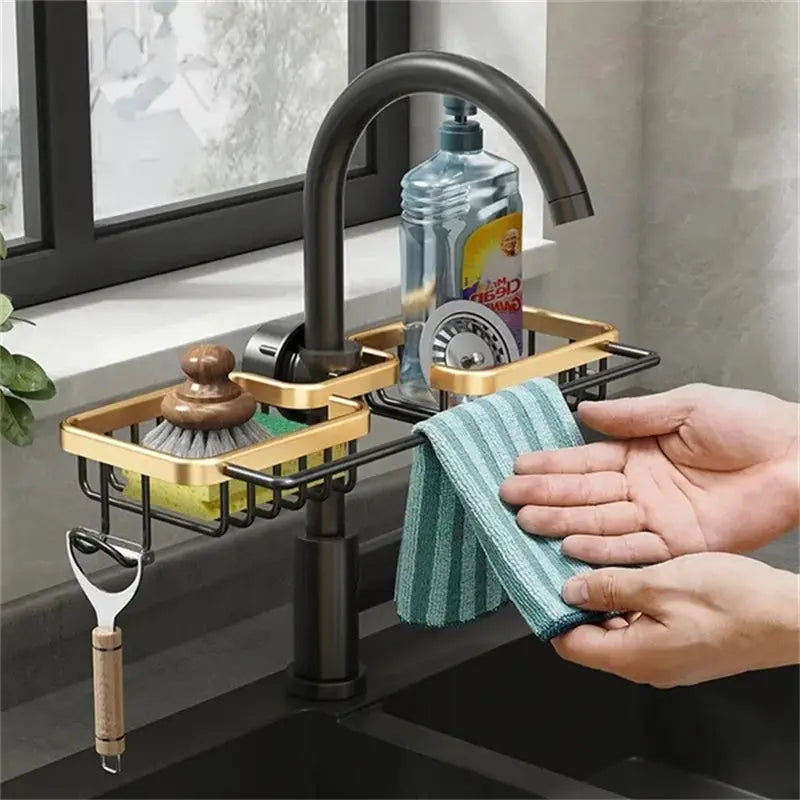 All-in-One Kitchen Faucet Organizer for Sponge, Brush, and Towels