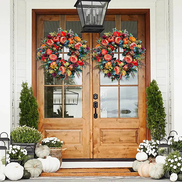 Autumn Door Wreath with Artificial Flowers – Outdoor Weather-Resistant