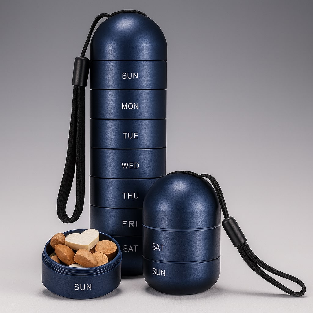 Compact Aluminum Pill Organizer with 7 Compartments - Shockproof Storage Box