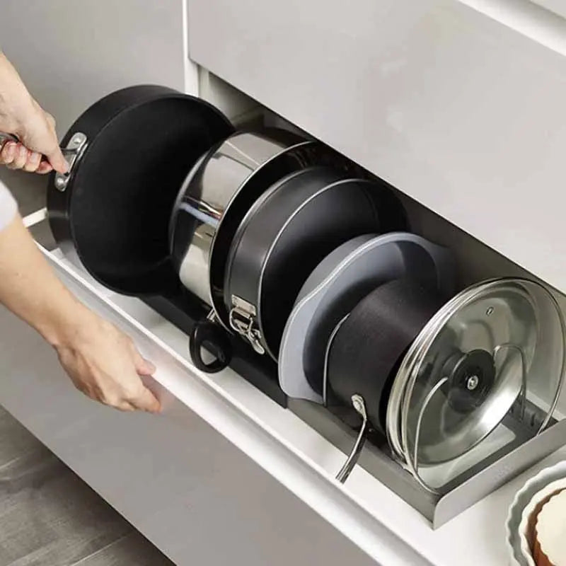 Adjustable Pot and Lid Organizer for Cabinets and Drawers