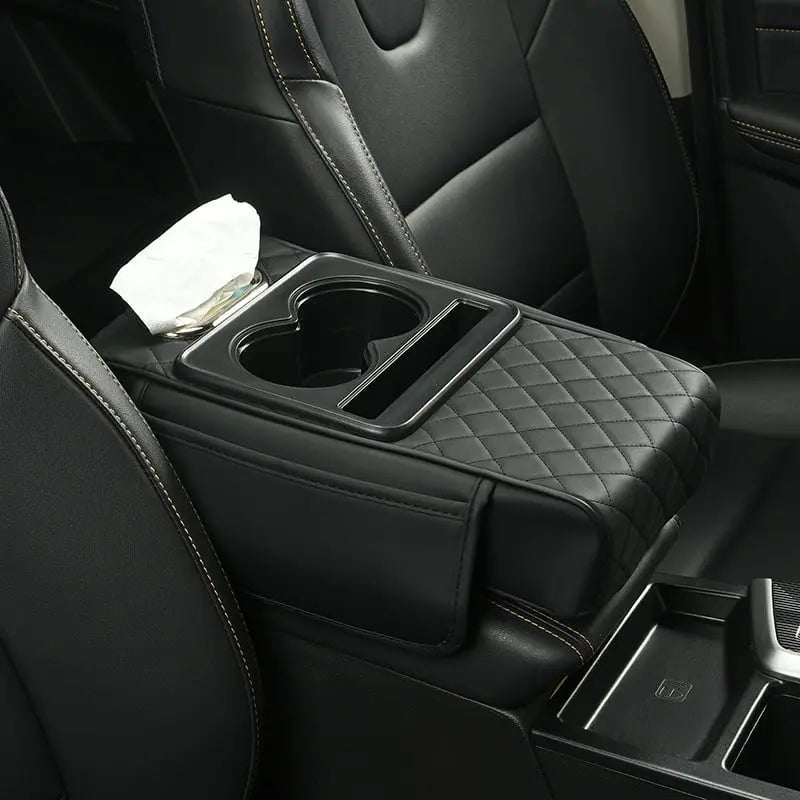 Leatherette Car Armrest Protector with Drink Holder and Storage Pocket