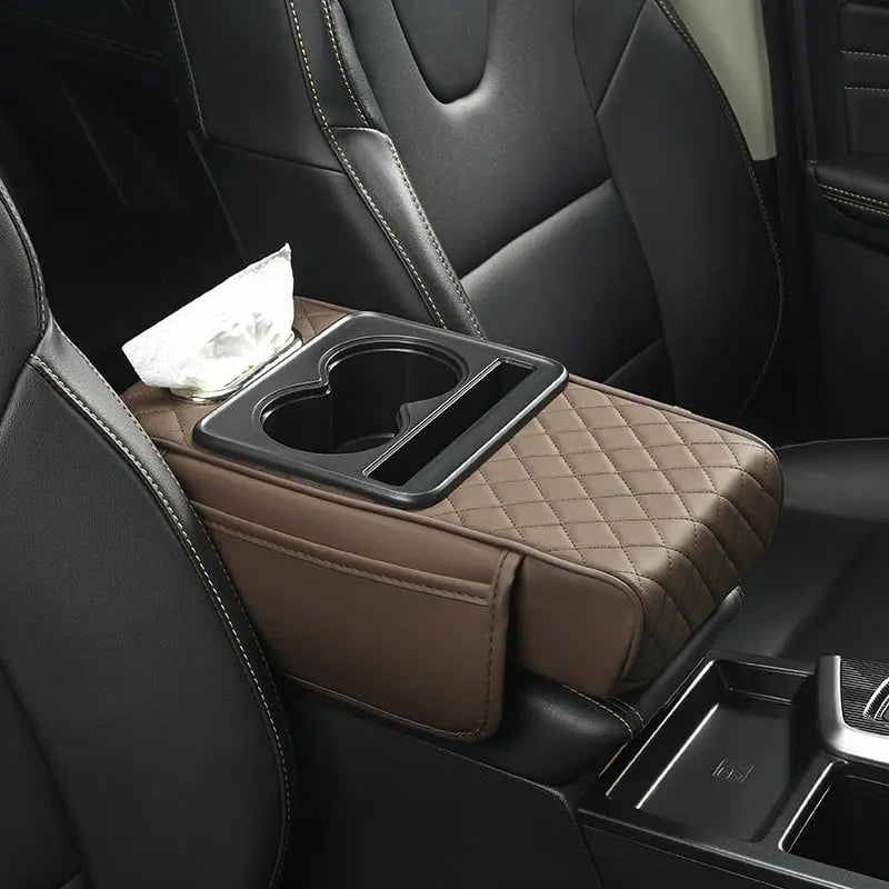 Leatherette Car Armrest Protector with Drink Holder and Storage Pocket