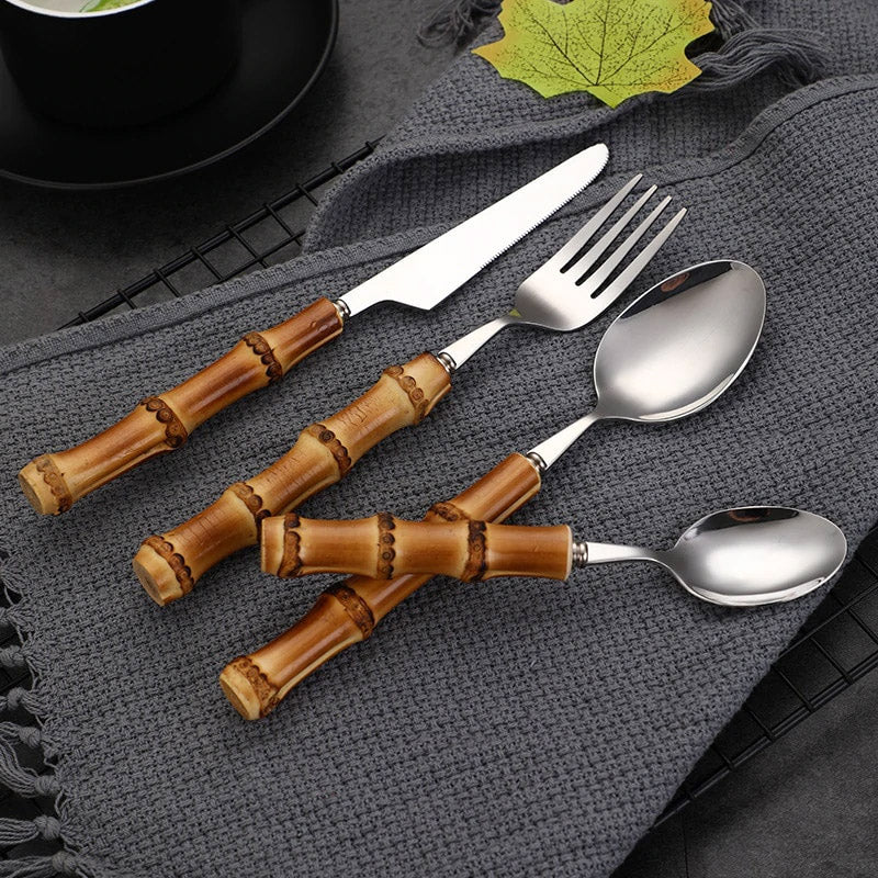 Elegant 16-Piece Cutlery Set with Eco-Friendly Bamboo Handles