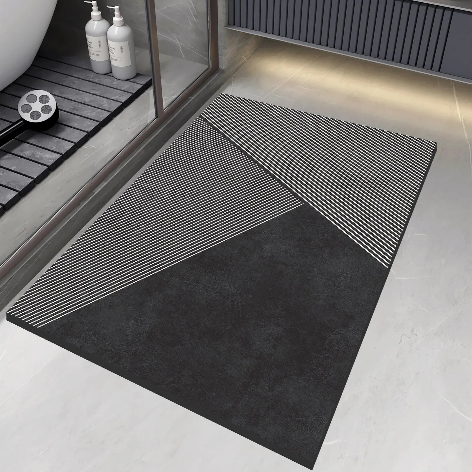 Elegant Black Stone-Style Bath Mat with Non-Slip Backing
