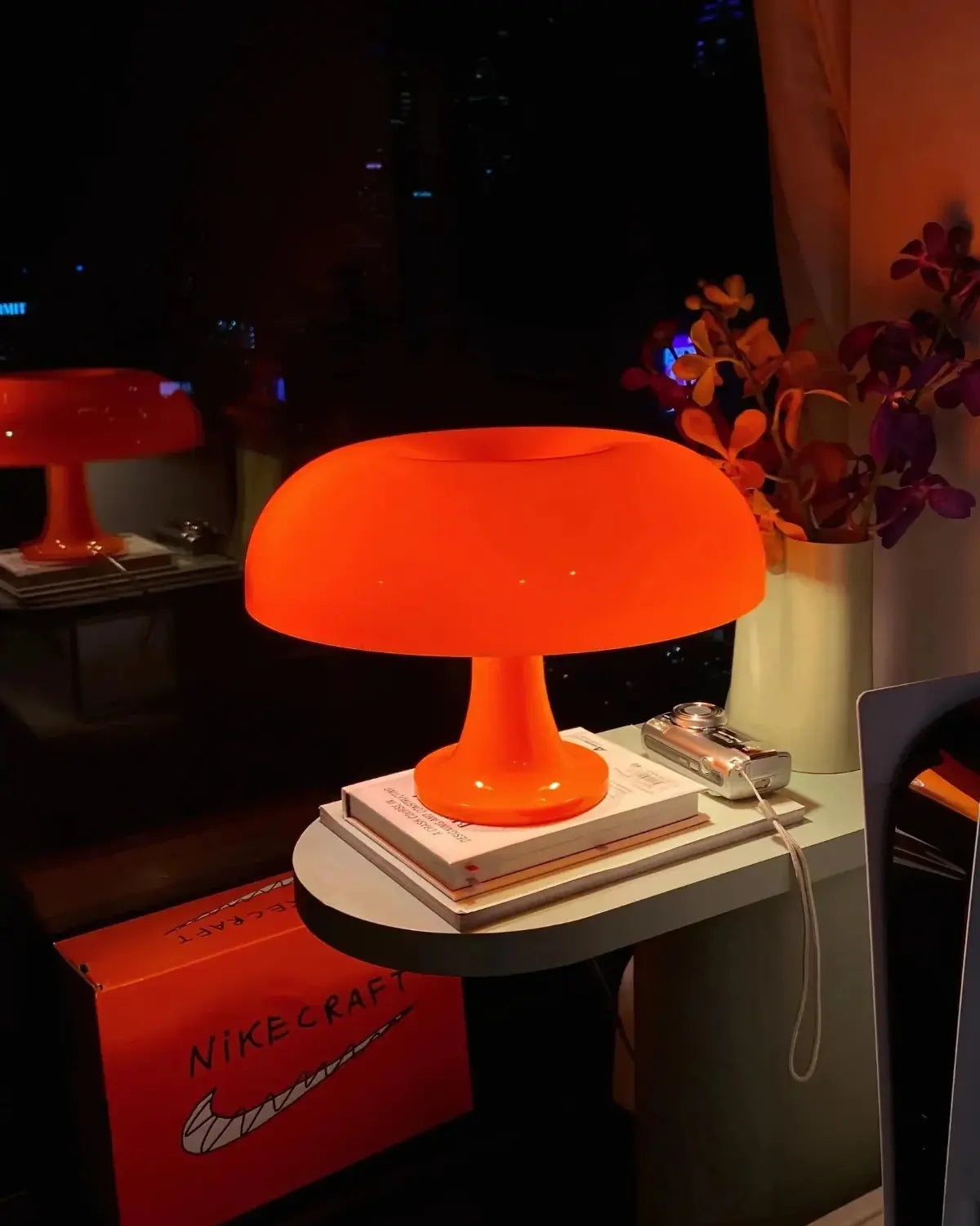 Retro Bauhaus Style Table Lamp with Warm LED Light – Orange Dome Design