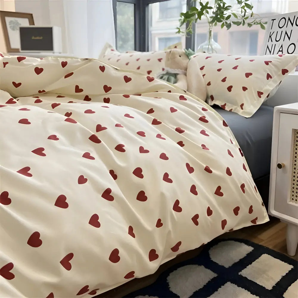 Heart Patterned Bed Linen Set with Fitted Sheet Included