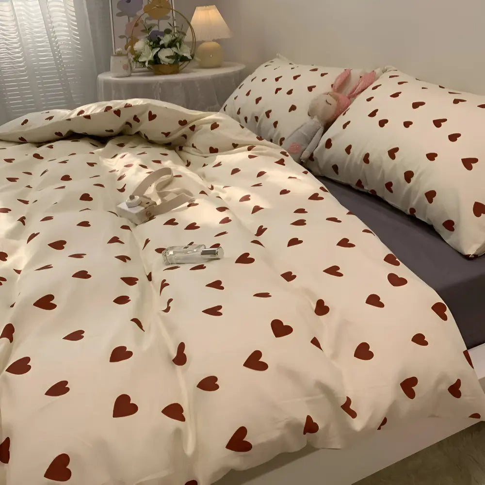Heart Patterned Bed Linen Set with Fitted Sheet Included