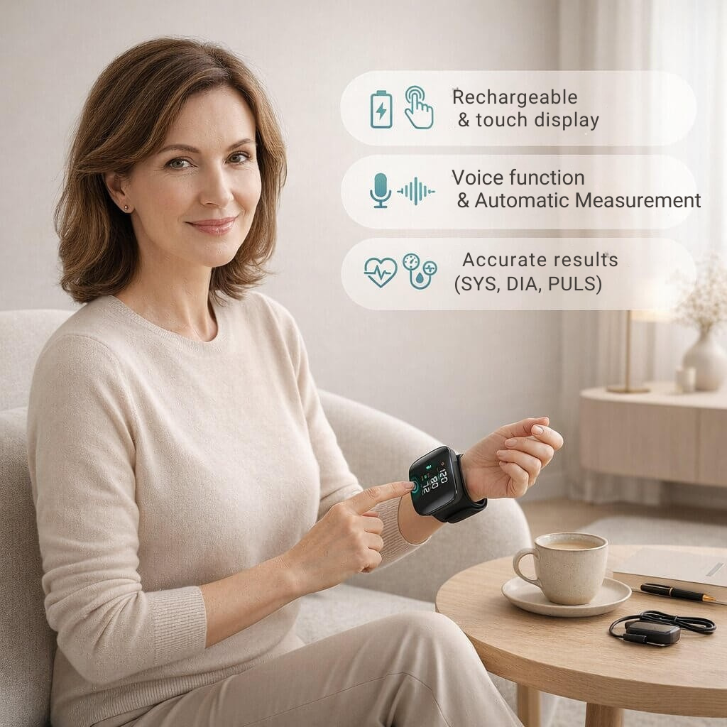 Wrist Blood Pressure Monitor | Touchscreen with Voice Feature | Rechargeable