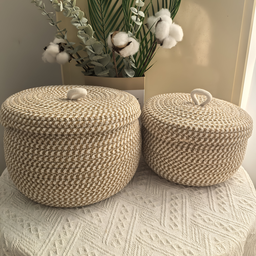 Woven Round Basket with Lid – Bohemian Design for Storage