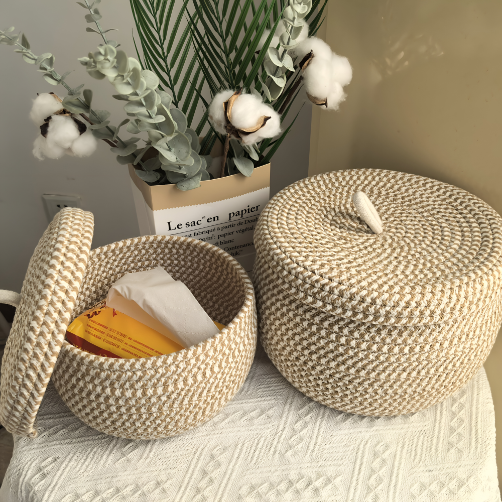 Woven Round Basket with Lid – Bohemian Design for Storage