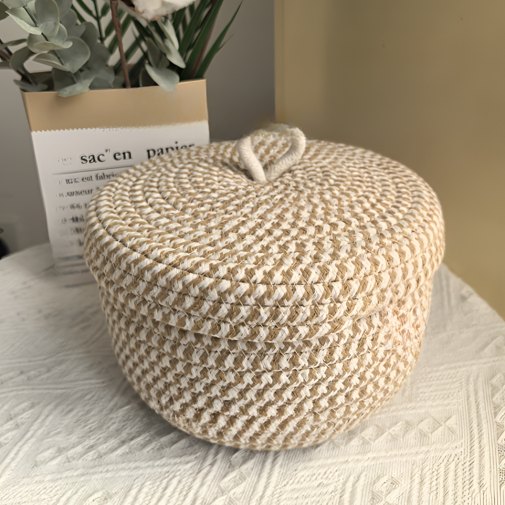 Woven Round Basket with Lid – Bohemian Design for Storage