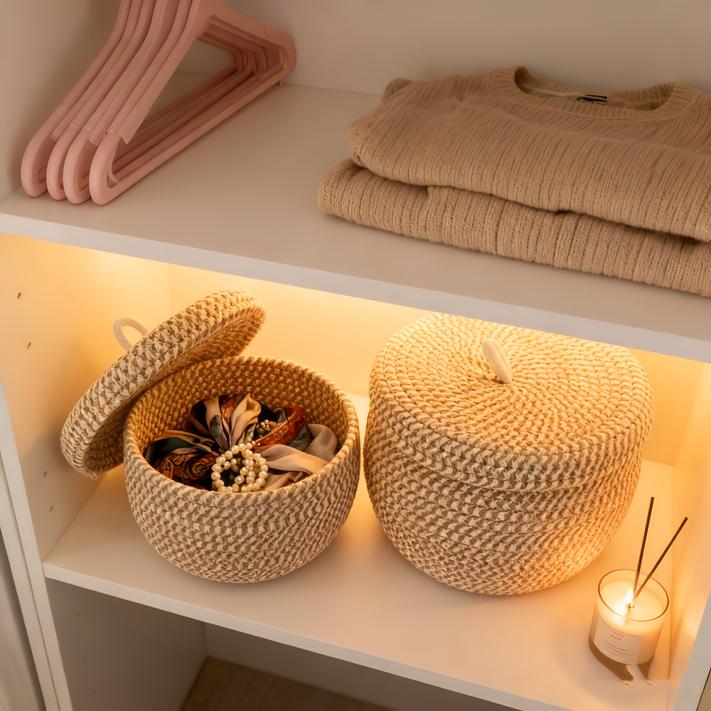 Woven Round Basket with Lid – Bohemian Design for Storage