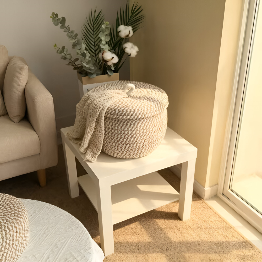 Woven Round Basket with Lid – Bohemian Design for Storage