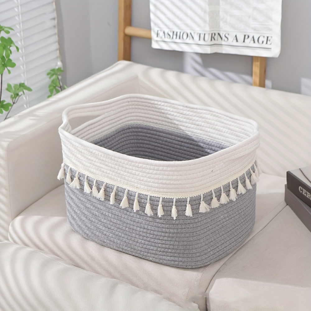 Bohemian Style Cotton Storage Basket with Tassels – Decorative Organizer