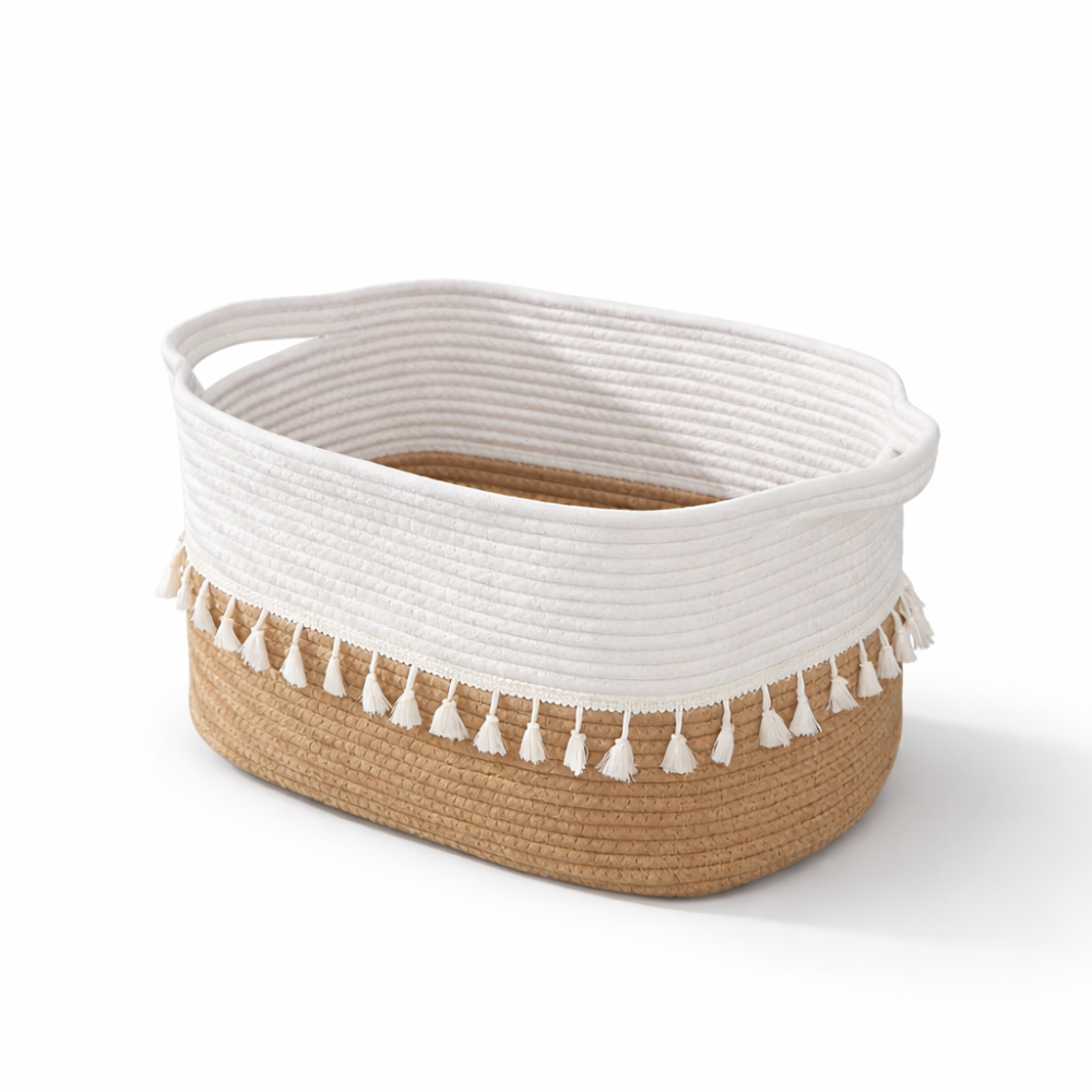 Bohemian Style Cotton Storage Basket with Tassels – Decorative Organizer