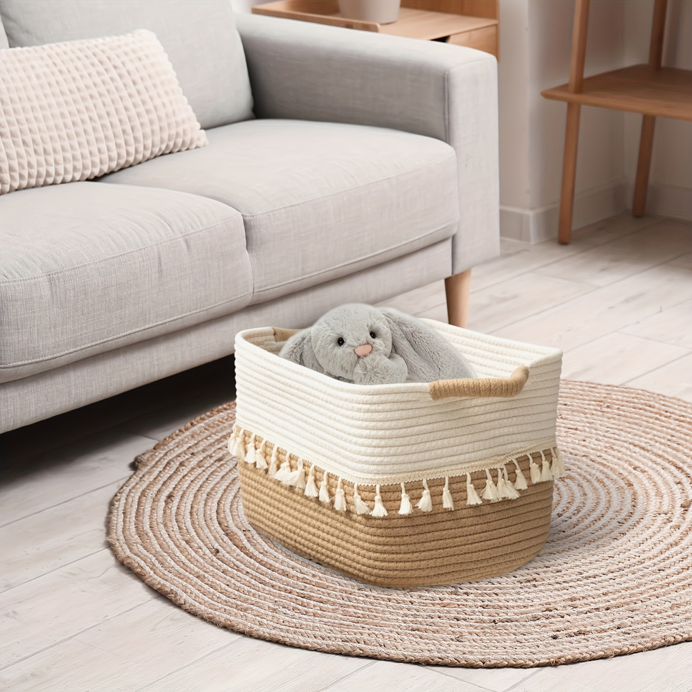 Bohemian Style Cotton Storage Basket with Tassels – Decorative Organizer
