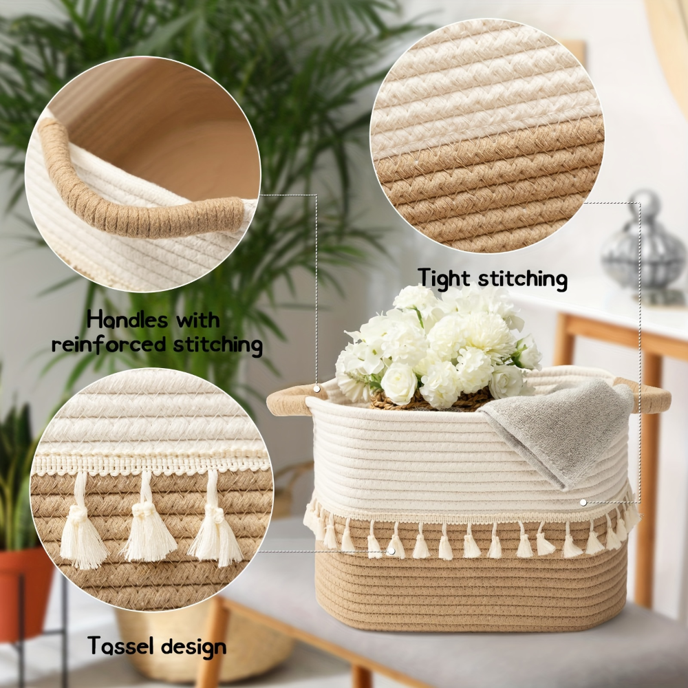 Bohemian Style Cotton Storage Basket with Tassels – Decorative Organizer