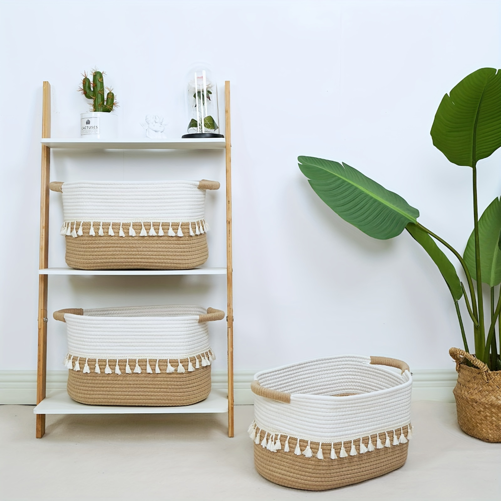 Bohemian Style Cotton Storage Basket with Tassels – Decorative Organizer