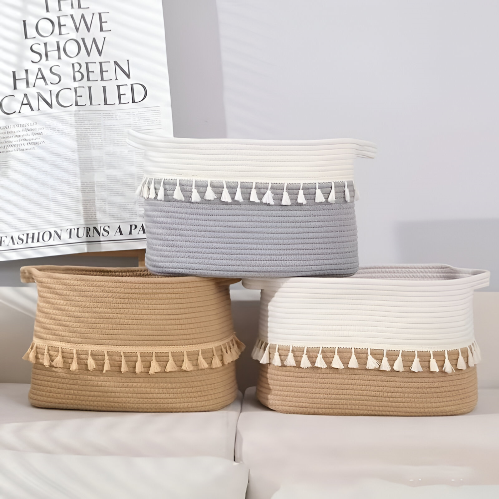 Bohemian Style Cotton Storage Basket with Tassels – Decorative Organizer