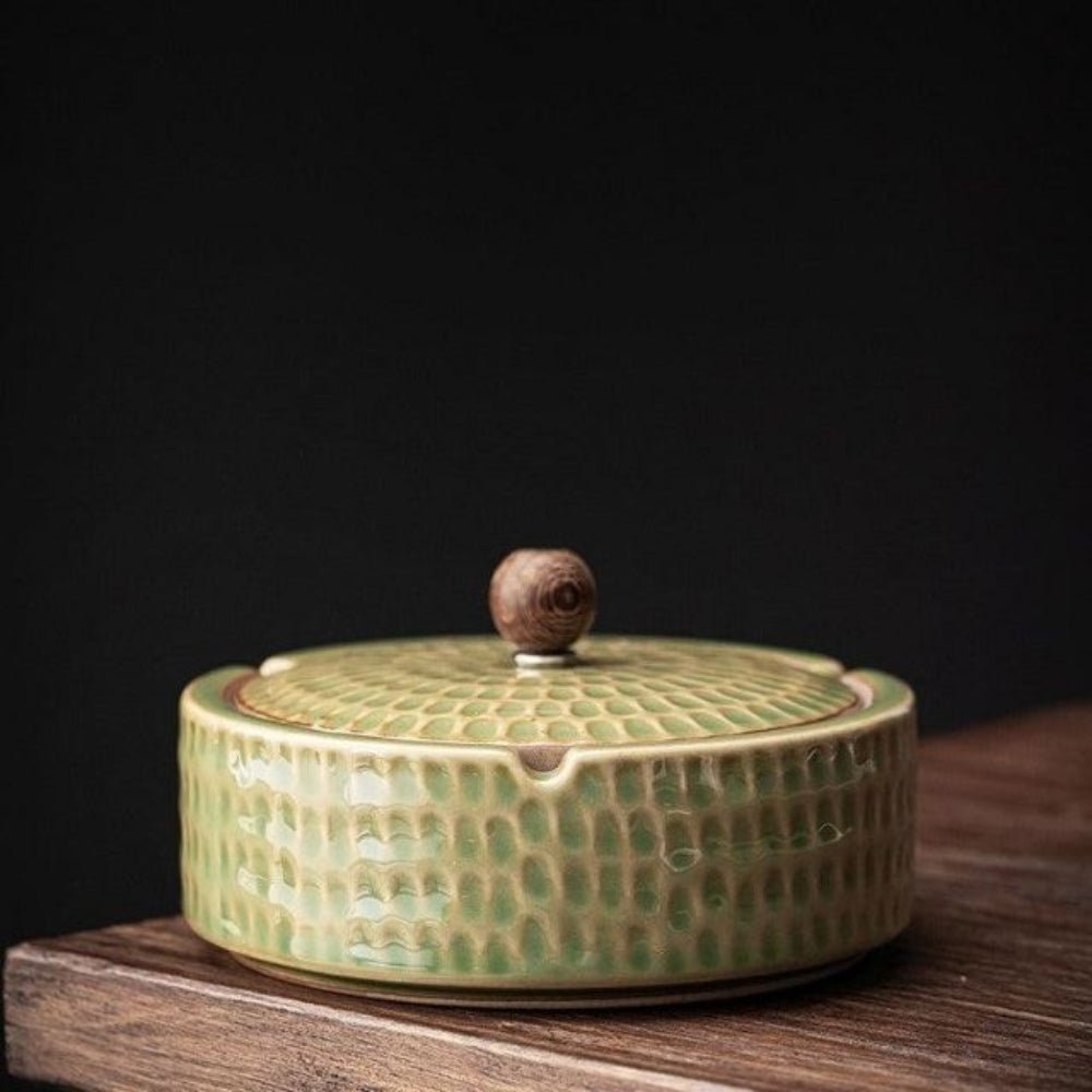 Wooden-Lid Ceramic Ashtray