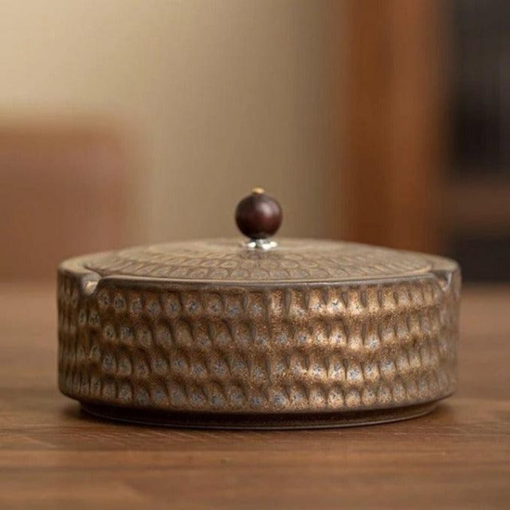 Wooden-Lid Ceramic Ashtray