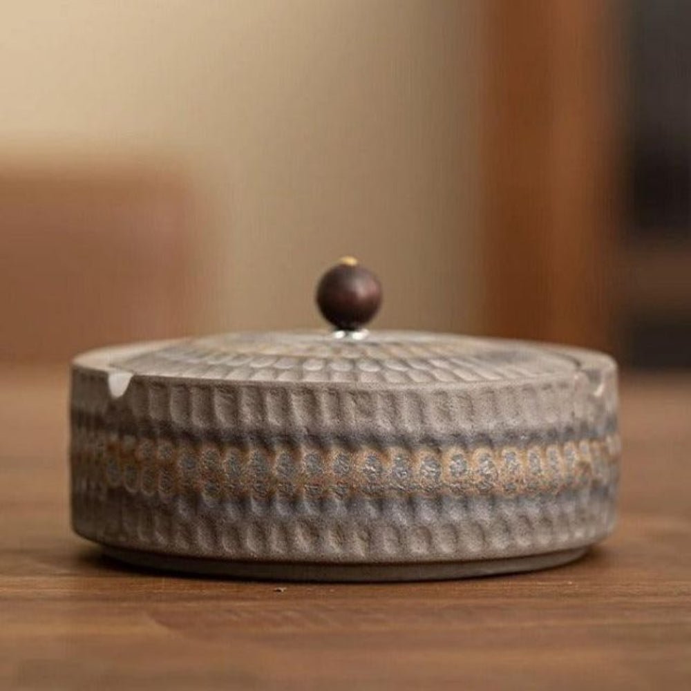 Wooden-Lid Ceramic Ashtray
