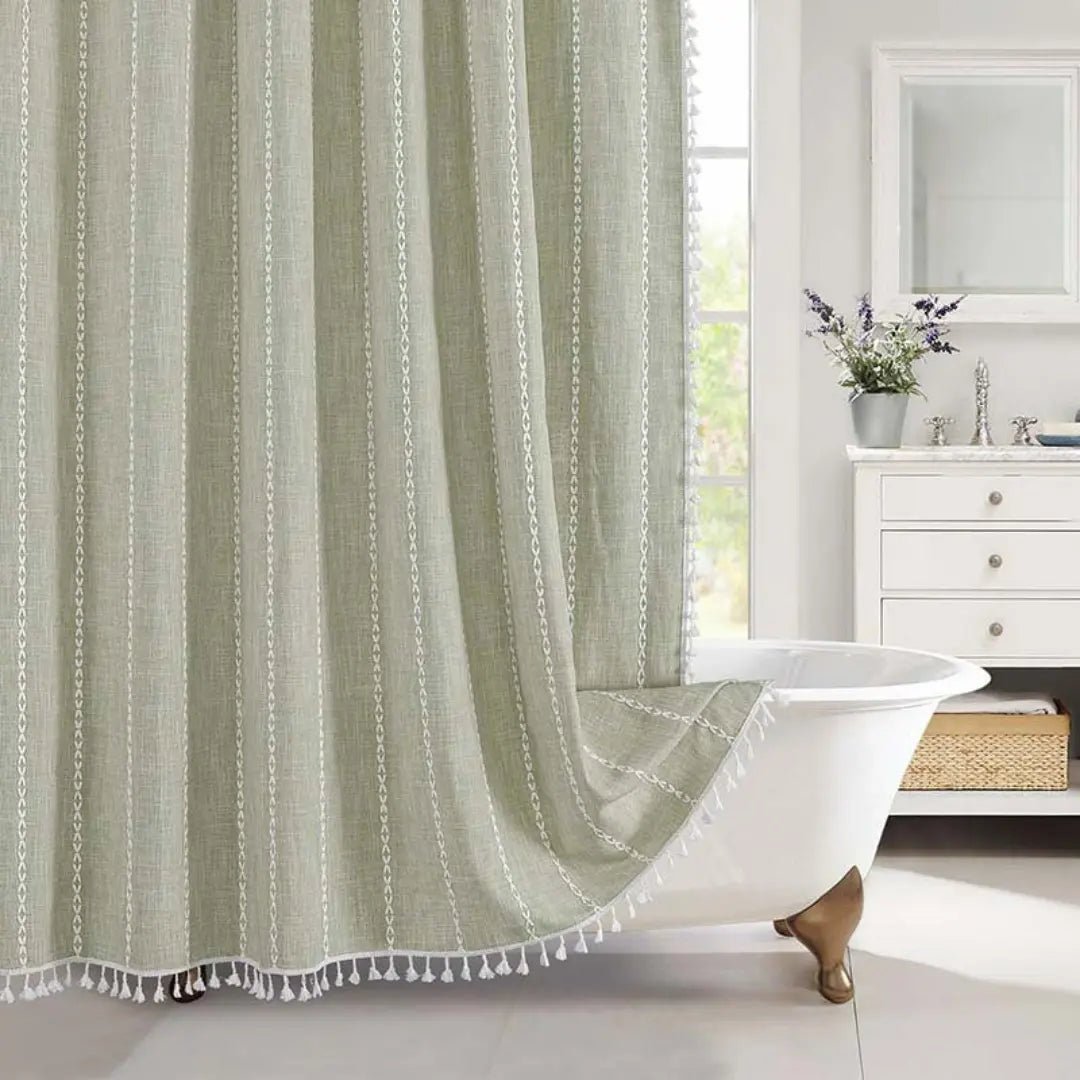 Chic Linen Shower Curtain with Tassel Trim and Water-Resistant Feature