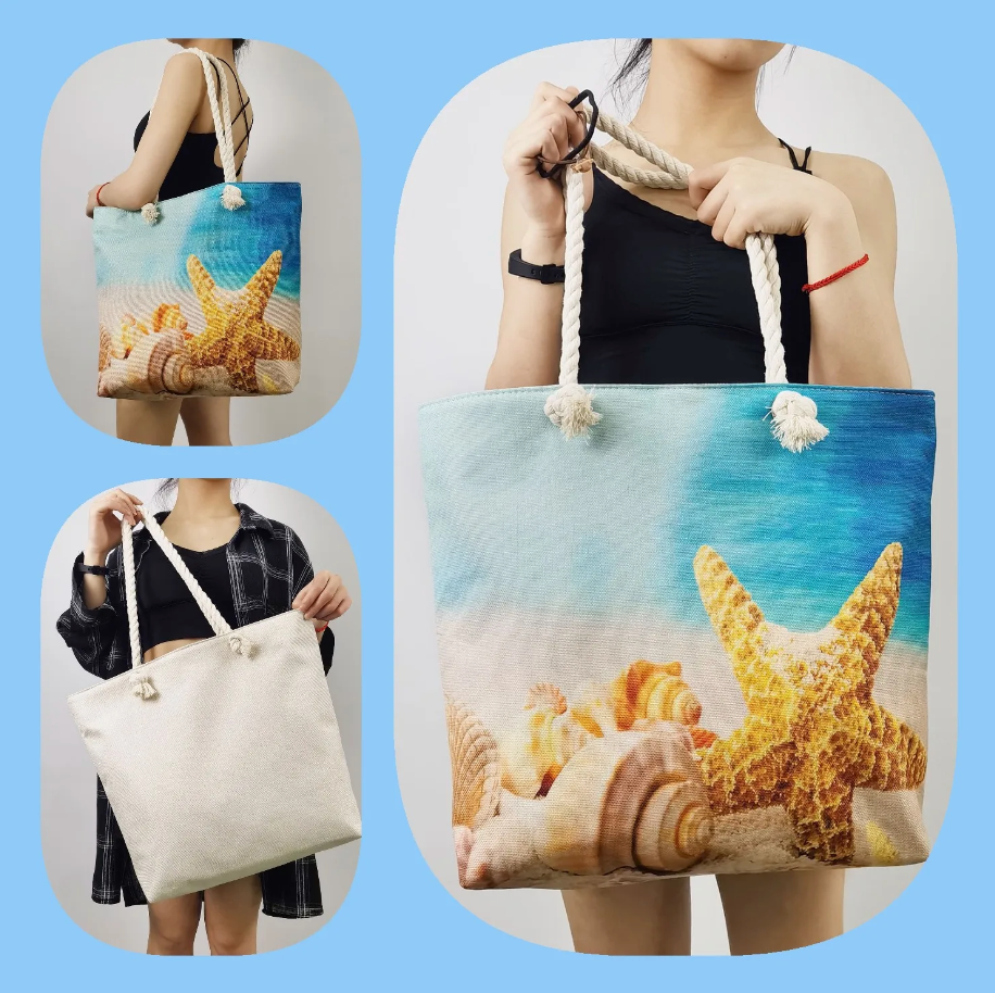Beach Tote Bag Featuring Ocean Design in Linen