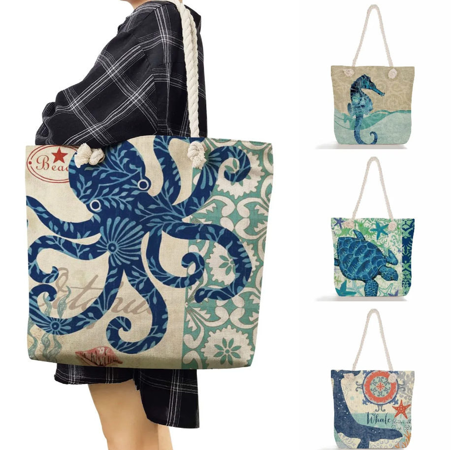 Beach Tote Bag Featuring Ocean Design in Linen