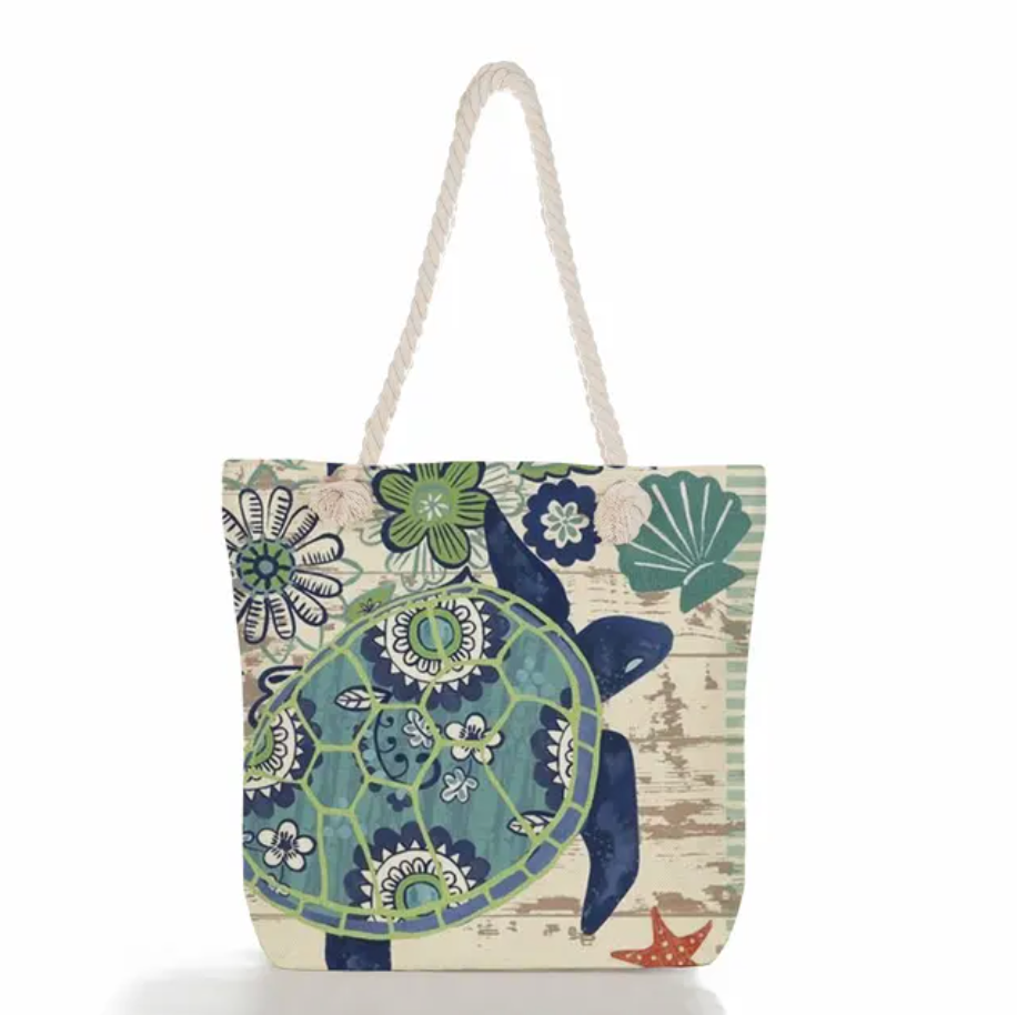 Beach Tote Bag Featuring Ocean Design in Linen