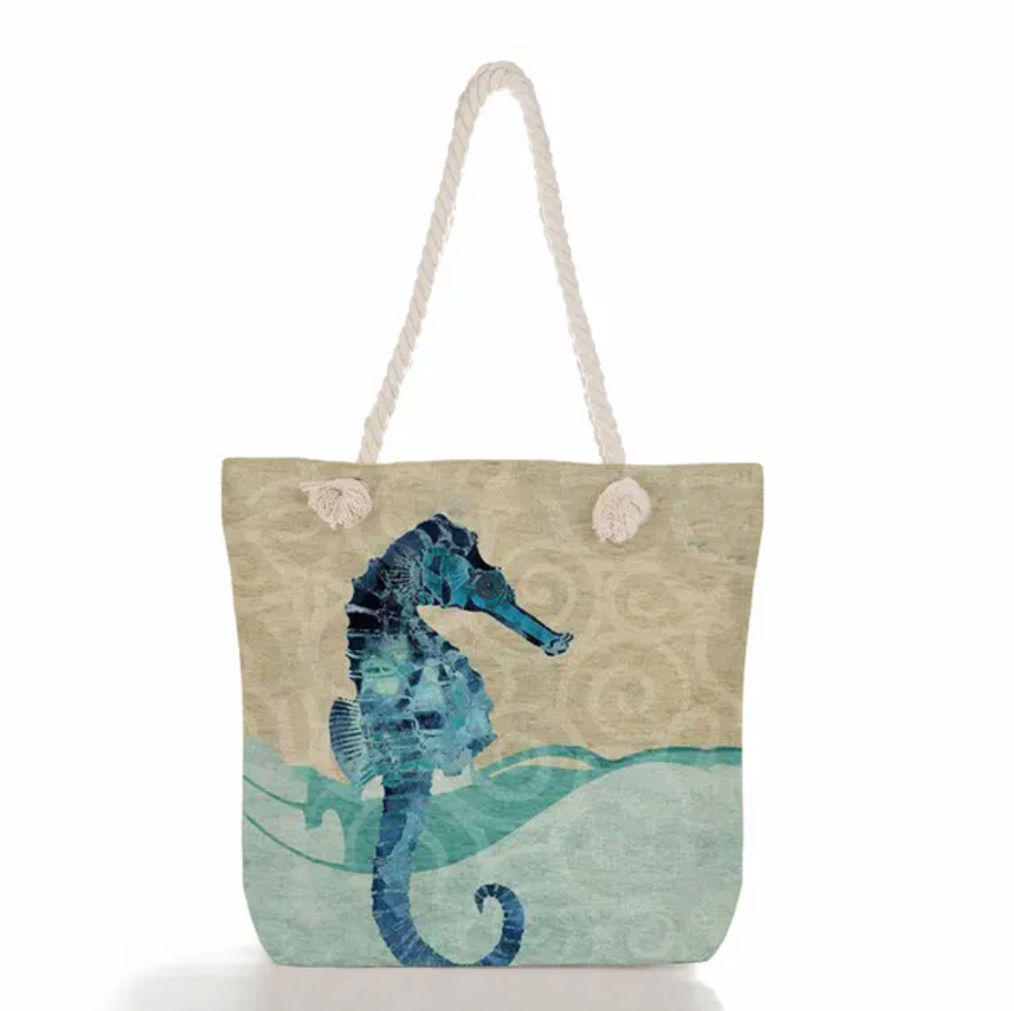 Beach Tote Bag Featuring Ocean Design in Linen