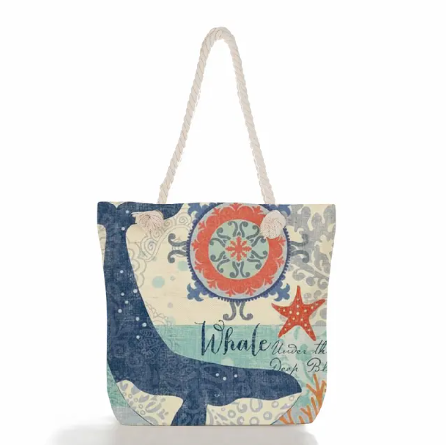 Beach Tote Bag Featuring Ocean Design in Linen