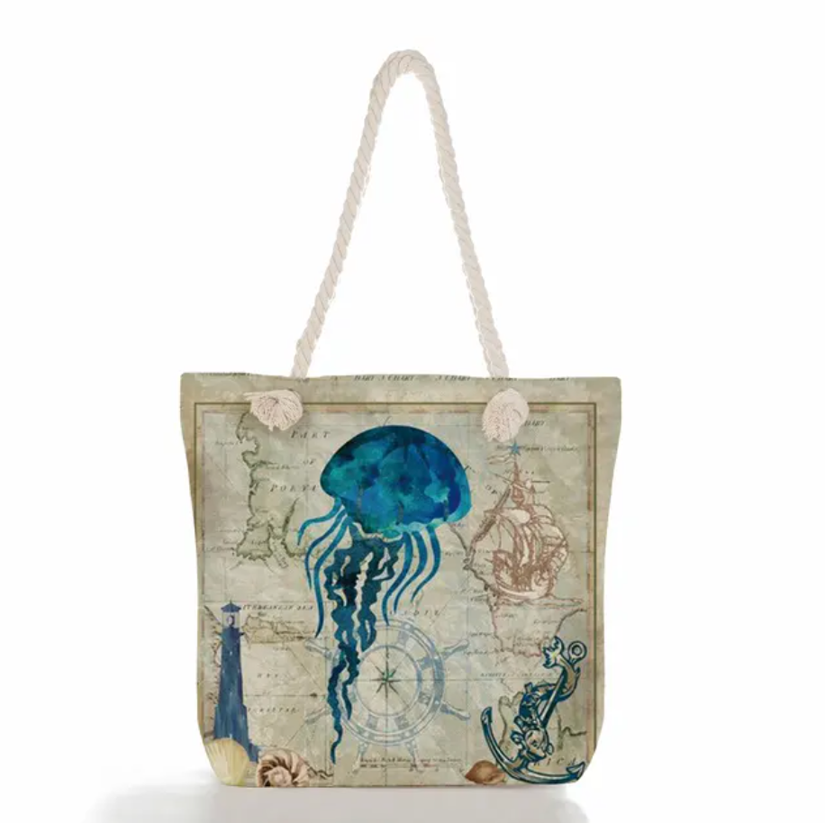 Beach Tote Bag Featuring Ocean Design in Linen