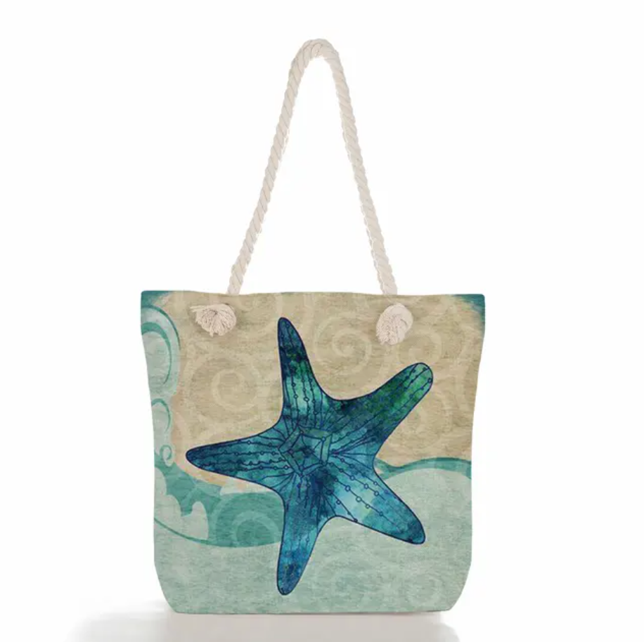 Beach Tote Bag Featuring Ocean Design in Linen