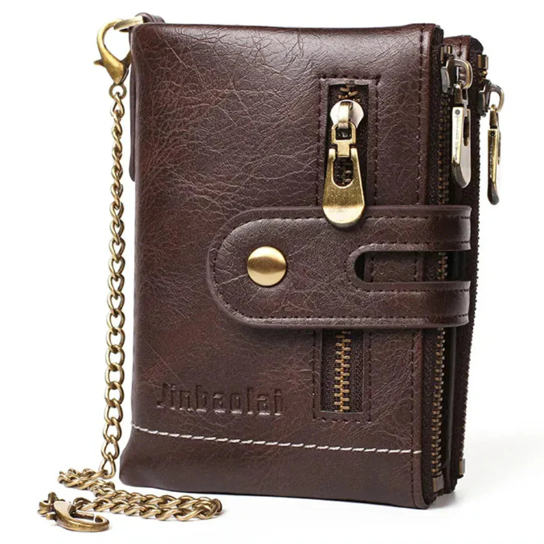 Faux Leather Vintage Wallet with Chain – 13 Pockets, Antique Brass