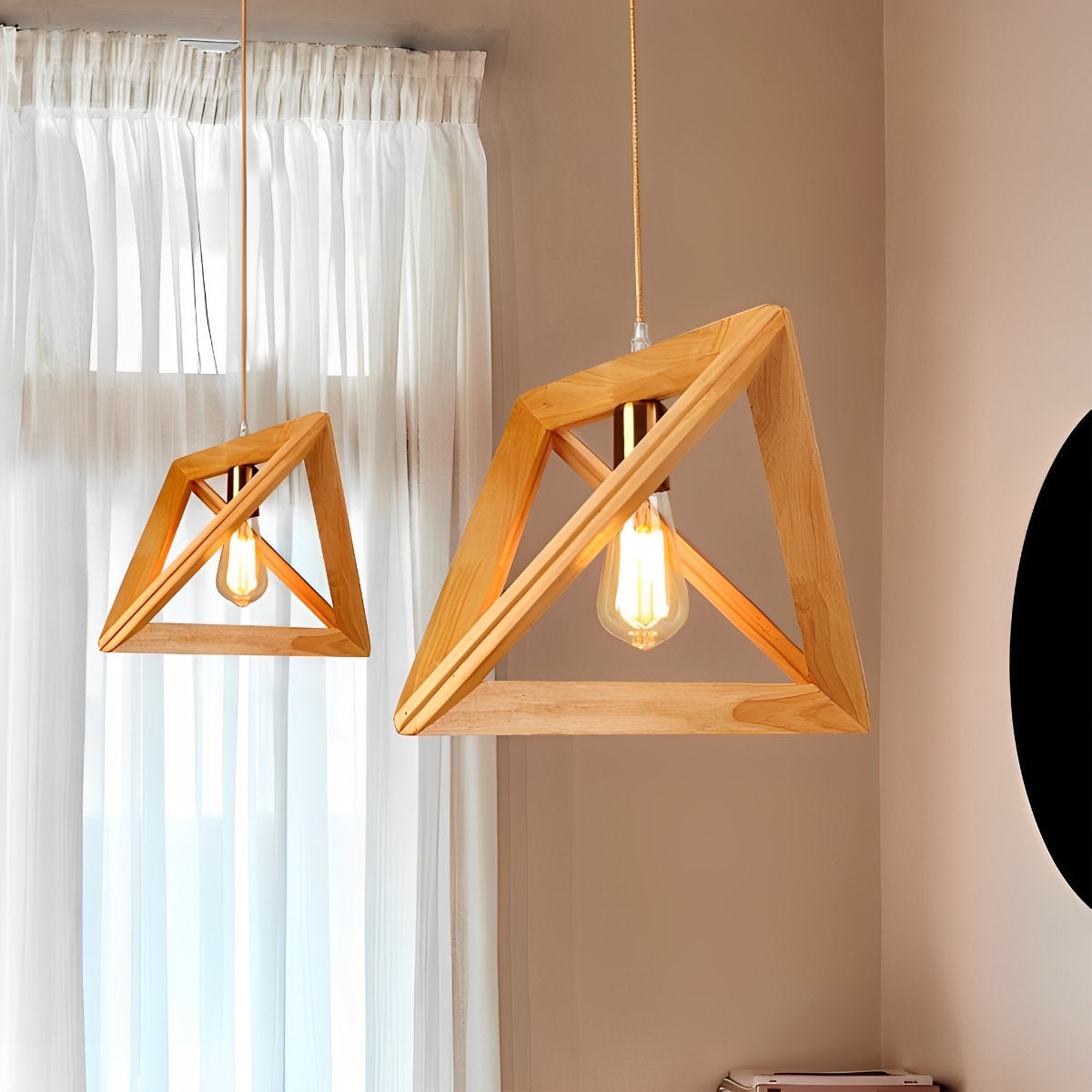 Elegant Wooden Frame Geometric Pendant Light with Adjustable Height