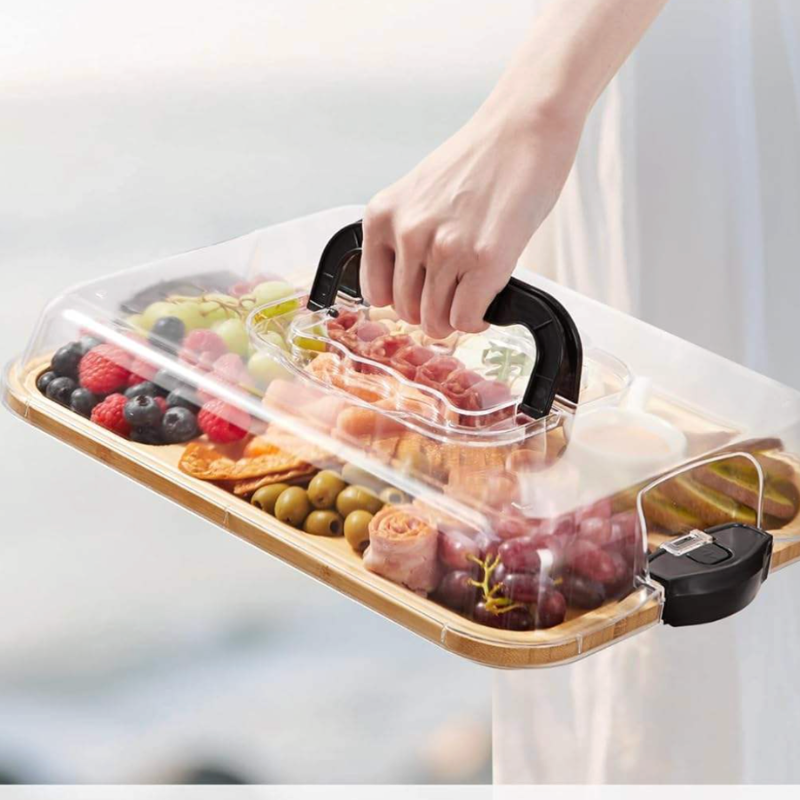 Elegant Bamboo Serving Tray with Divided Compartments and Lid