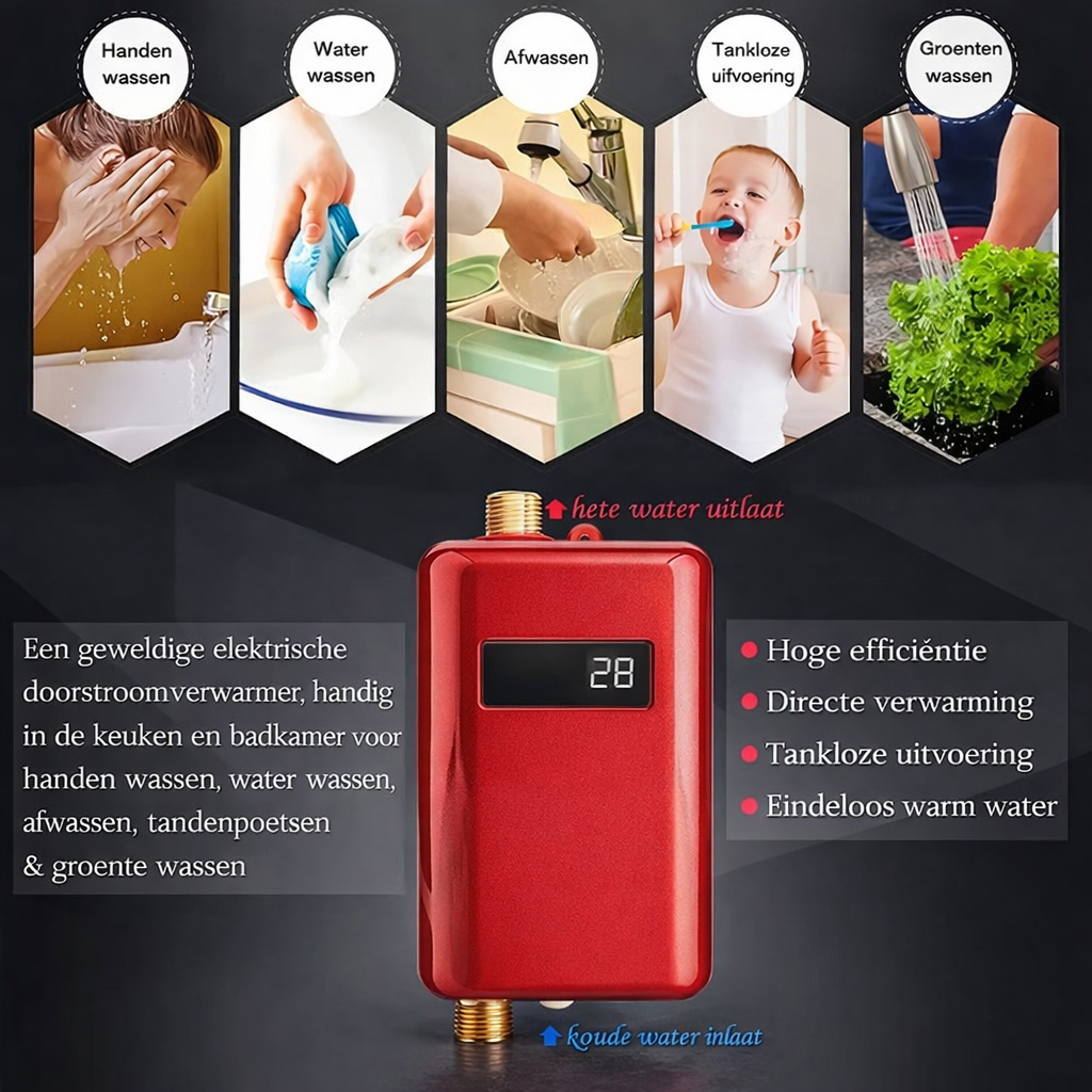 Compact 3.8kW Electric Tankless Water Heater with Temperature Control for Kitchen and Bathroom, Instant Hot Water Up to 60°C