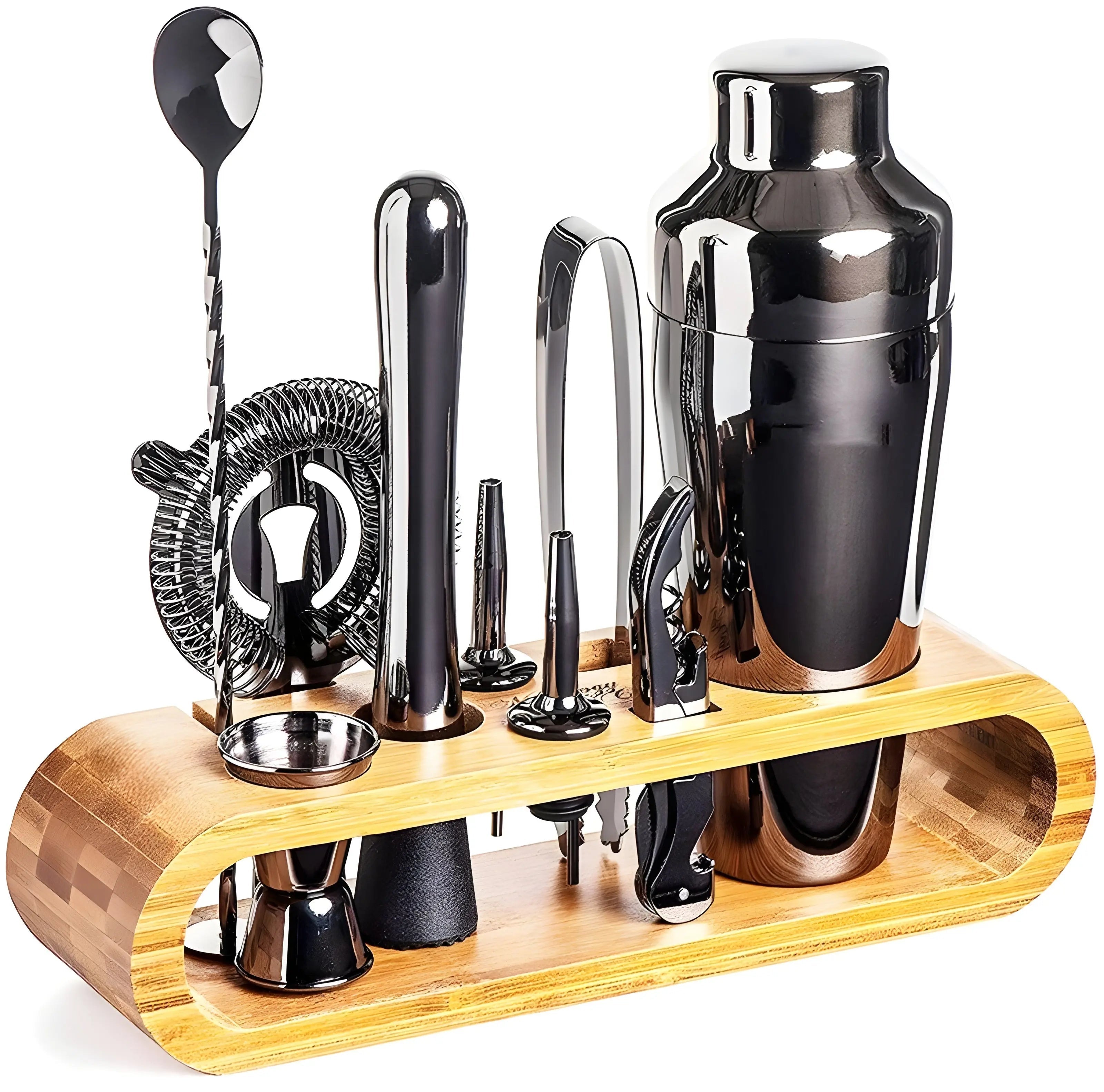 Bamboo Stand Cocktail Set – 10 Pieces in Stainless Steel
