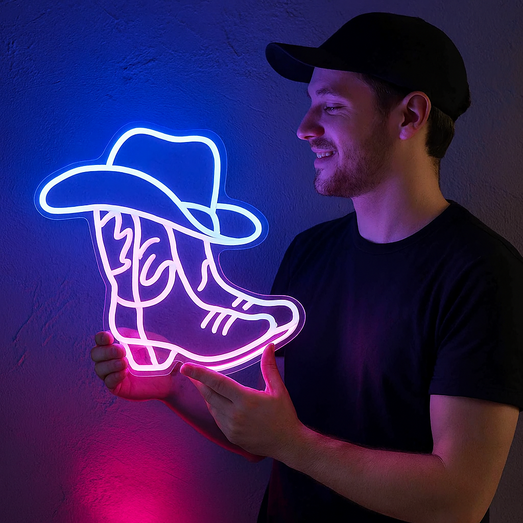 Neon Sign of Cowboy Boots with USB Power and Wall Mounting Kit